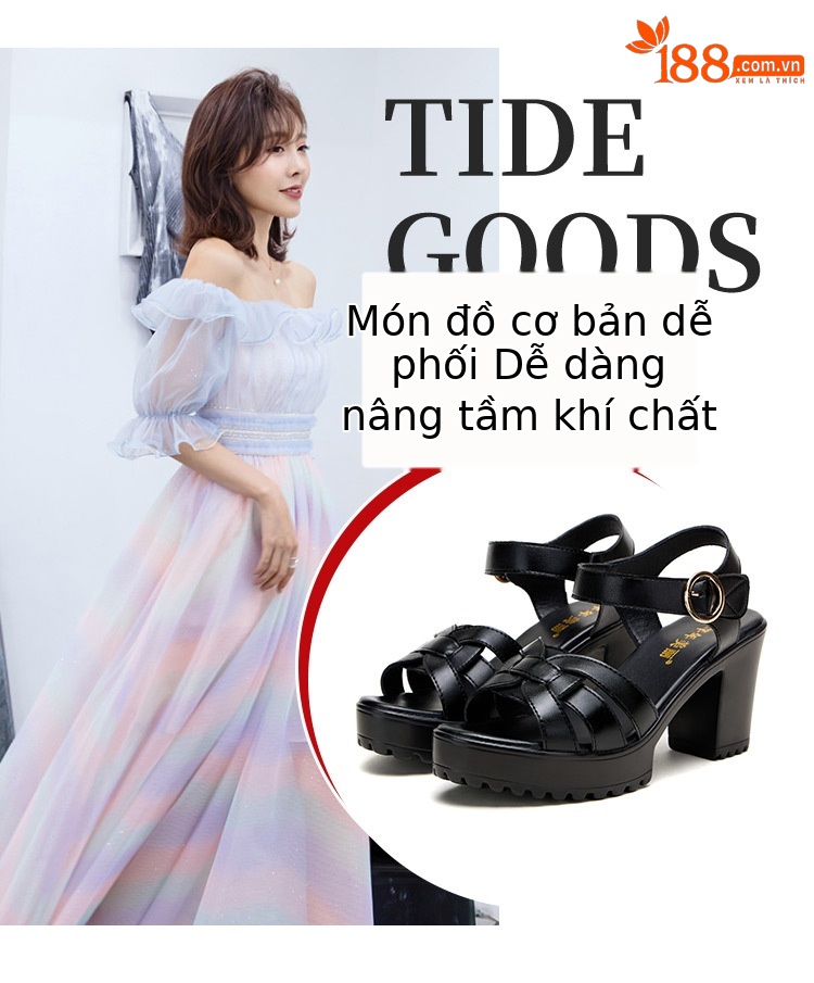 Sandal nữ đế xuồng cao vừa phải, hở mũi, khóa dán, platform chống thấm, gót 8 cm — Màu đỏ 8cm, Trắng 8cm, Màu đen 8cm chi tiết 6