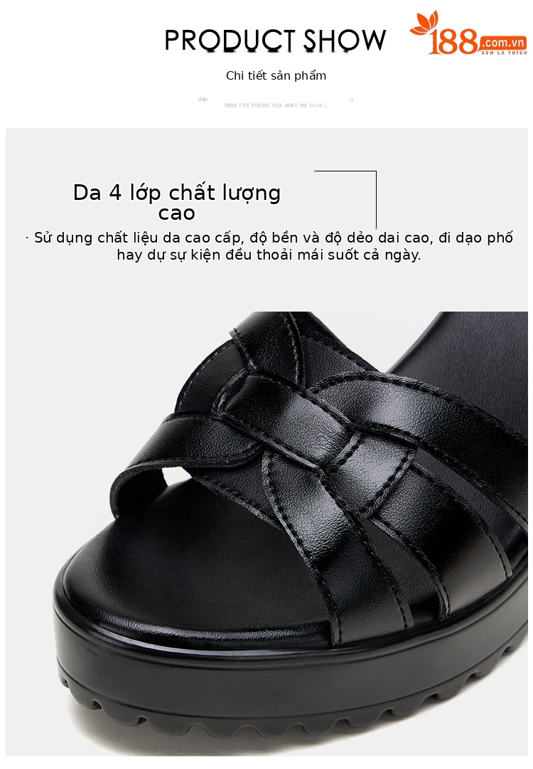 Sandal nữ đế xuồng cao vừa phải, hở mũi, khóa dán, platform chống thấm, gót 8 cm — Màu đỏ 8cm, Trắng 8cm, Màu đen 8cm chi tiết 7
