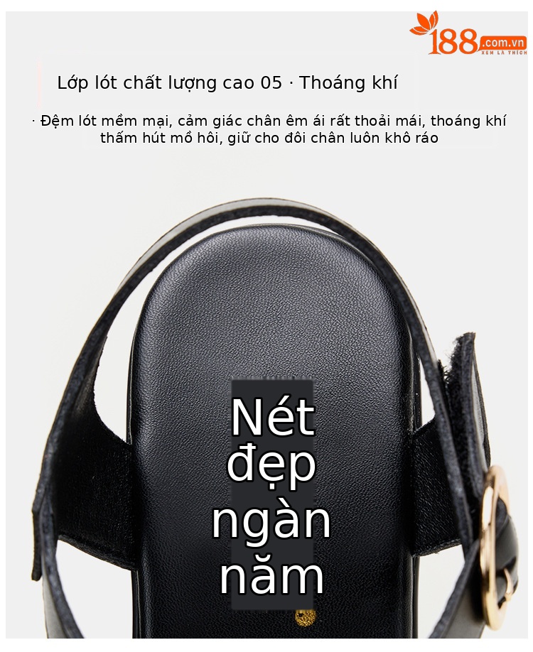 Sandal nữ đế xuồng cao vừa phải, hở mũi, khóa dán, platform chống thấm, gót 8 cm — Màu đỏ 8cm, Trắng 8cm, Màu đen 8cm chi tiết 9