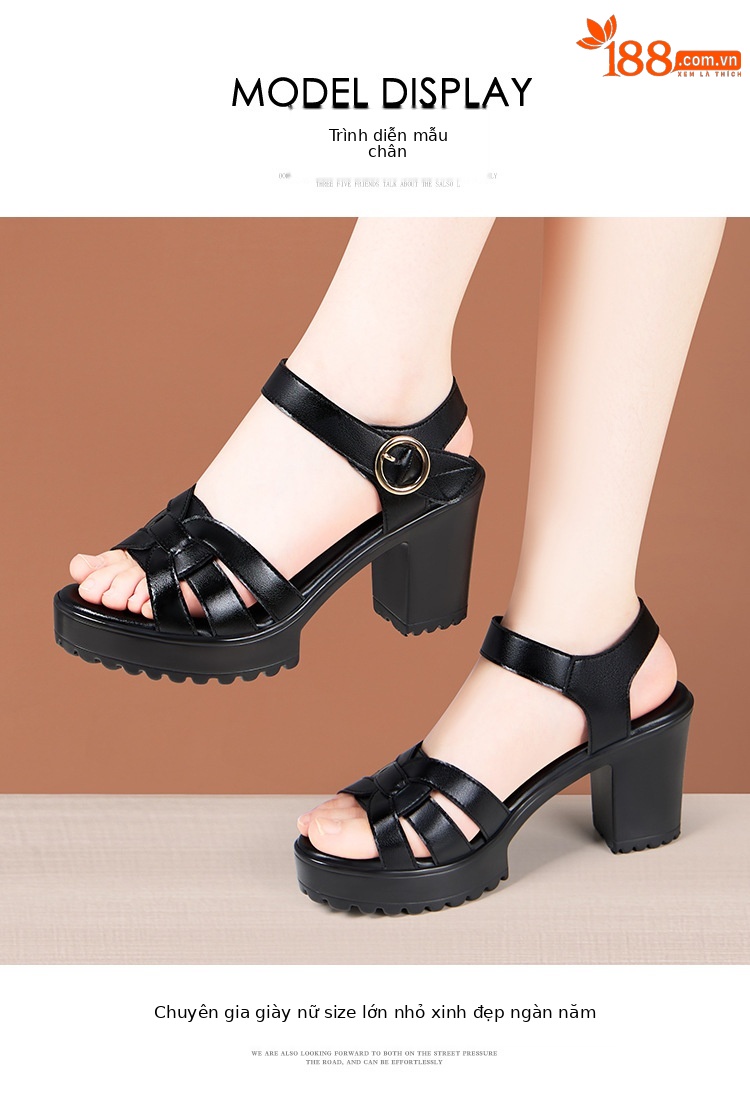Sandal nữ đế xuồng cao vừa phải, hở mũi, khóa dán, platform chống thấm, gót 8 cm — Màu đỏ 8cm, Trắng 8cm, Màu đen 8cm chi tiết 11