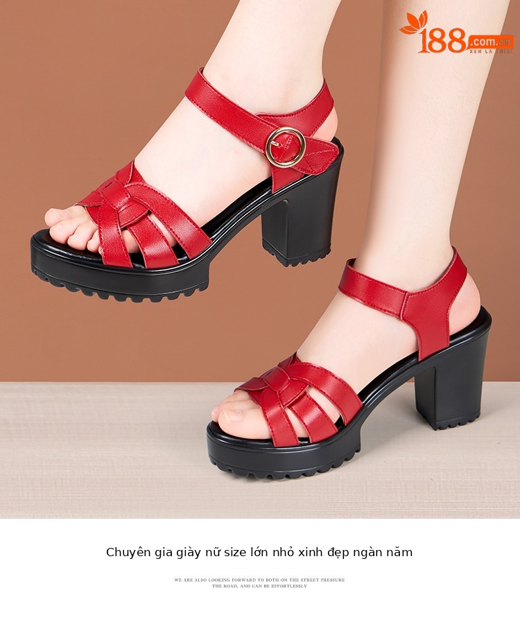 Sandal nữ đế xuồng cao vừa phải, hở mũi, khóa dán, platform chống thấm, gót 8 cm — Màu đỏ 8cm, Trắng 8cm, Màu đen 8cm chi tiết 14