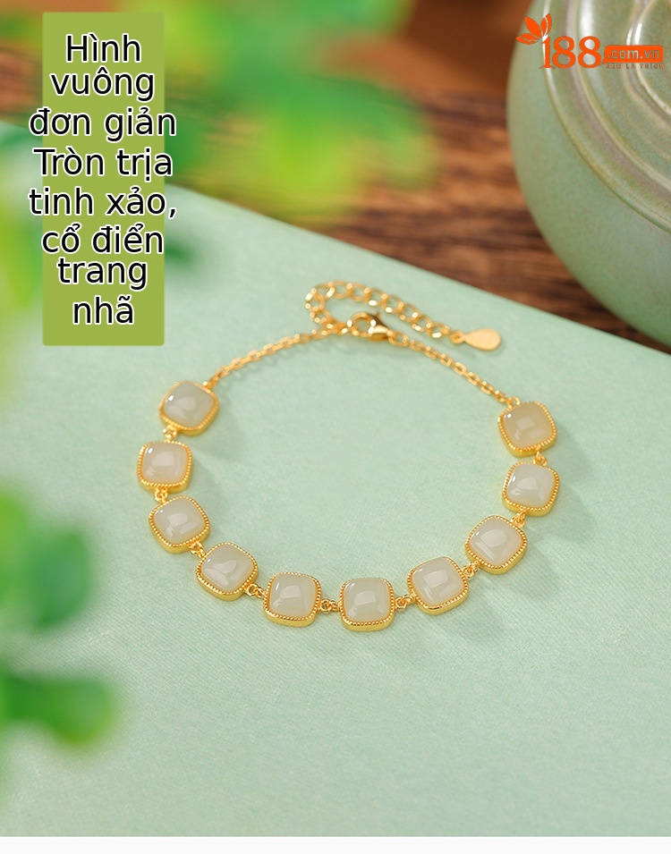 Vòng tay bạc S925 mạ vàng đính ngọc bích hình vuông phong cách cá tính — Một chiếc chi tiết 1