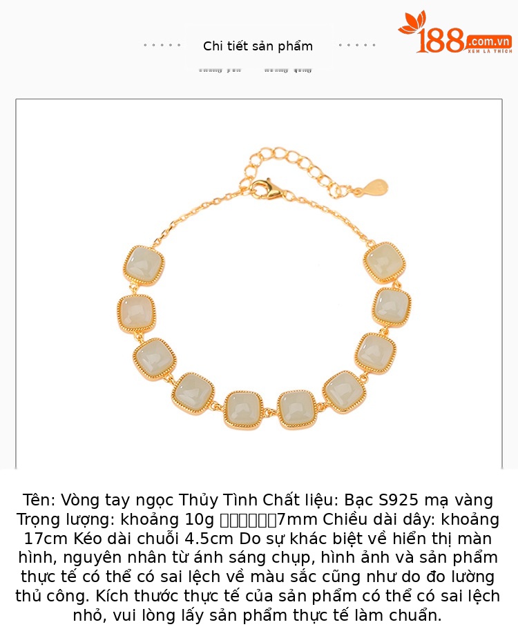 Vòng tay bạc S925 mạ vàng đính ngọc bích hình vuông phong cách cá tính — Một chiếc chi tiết 2