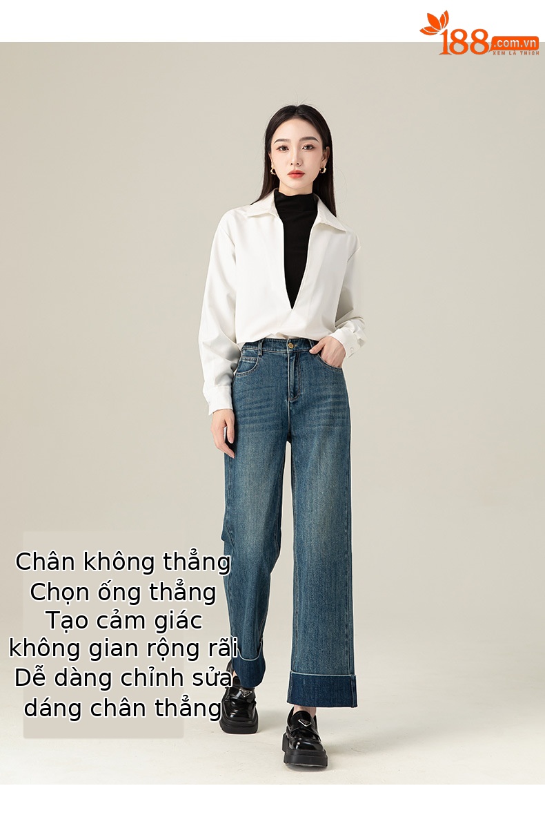 Quần jean ống đứng cạp cao Xinge chất Tencel mềm rủ, gấu gập cho nữ dáng nhỏ — Xanh đá quý chi tiết 8