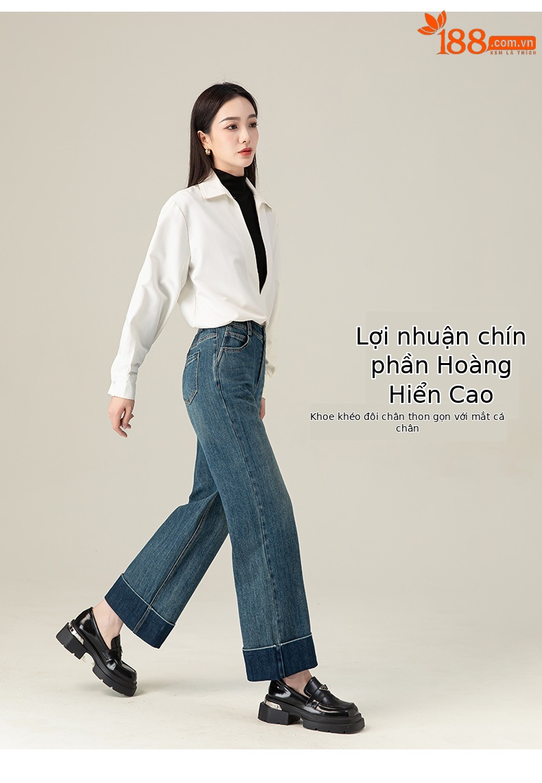 Quần jean ống đứng cạp cao Xinge chất Tencel mềm rủ, gấu gập cho nữ dáng nhỏ — Xanh đá quý chi tiết 9