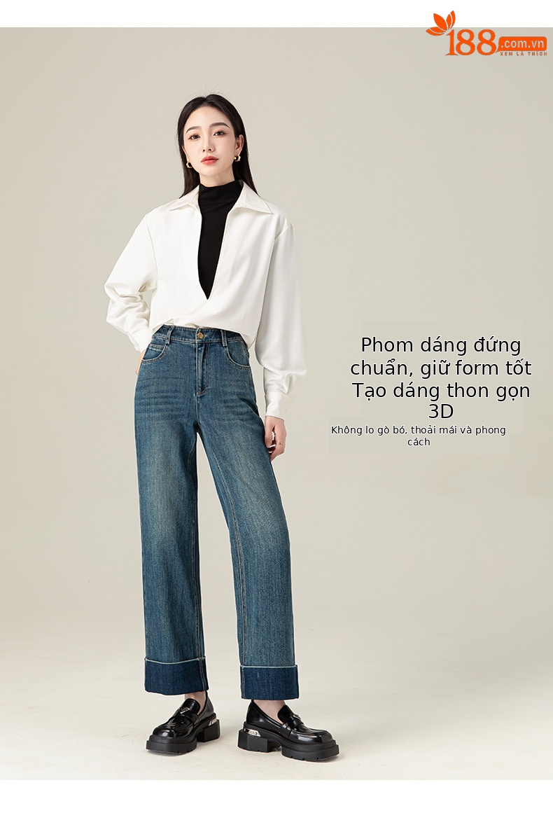 Quần jean ống đứng cạp cao Xinge chất Tencel mềm rủ, gấu gập cho nữ dáng nhỏ — Xanh đá quý chi tiết 12