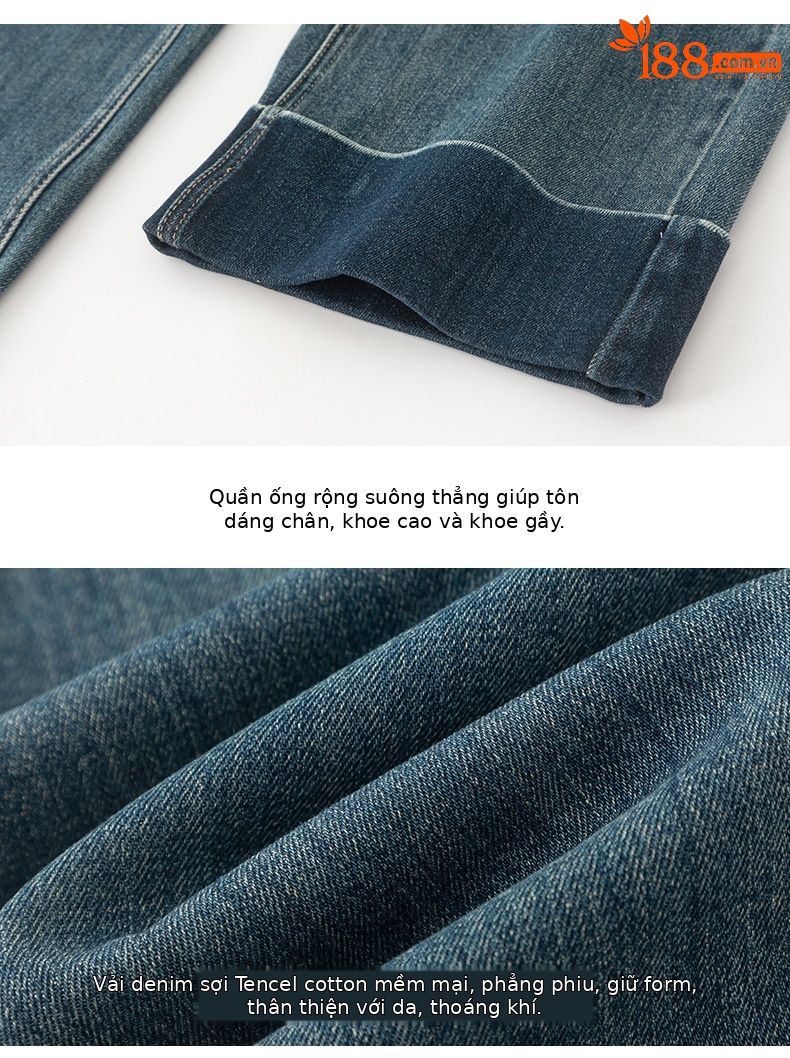 Quần jean ống đứng cạp cao Xinge chất Tencel mềm rủ, gấu gập cho nữ dáng nhỏ — Xanh đá quý chi tiết 16