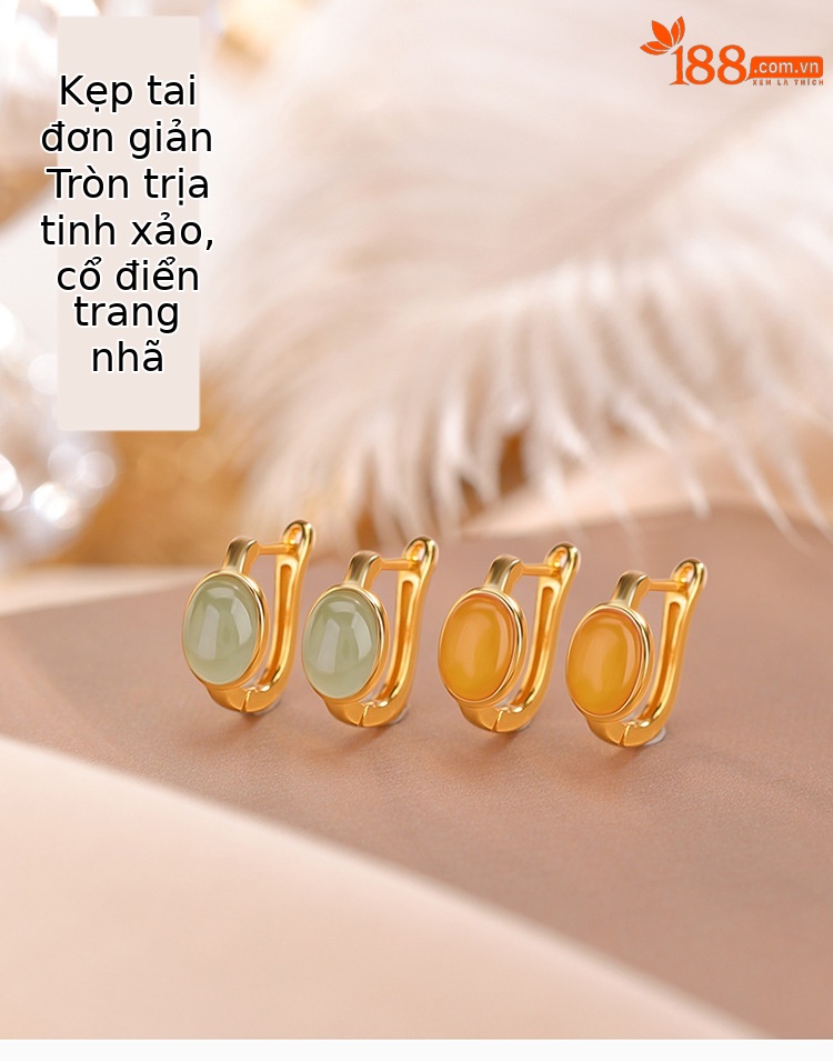 Bông tai kẹp bạc S925 mạ vàng đính ngọc bích hình trứng phong cách sang trọng — Kiểu ngọc bích chi tiết 1