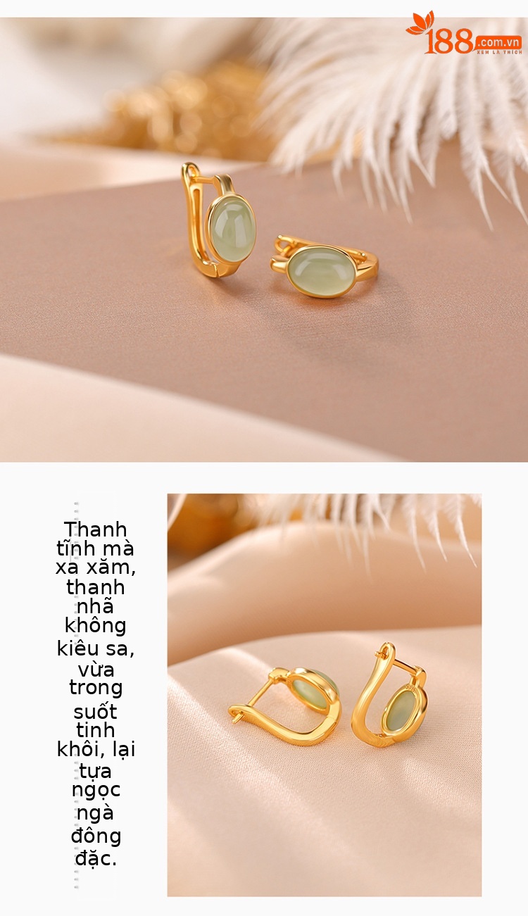 Bông tai kẹp bạc S925 mạ vàng đính ngọc bích hình trứng phong cách sang trọng — Kiểu ngọc bích chi tiết 3