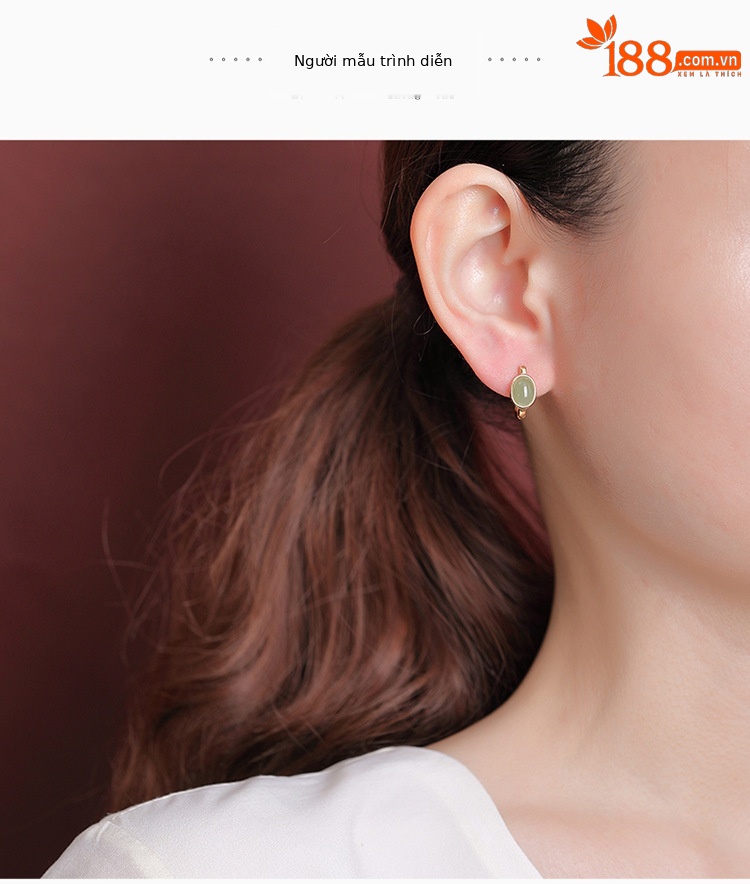Bông tai kẹp bạc S925 mạ vàng đính ngọc bích hình trứng phong cách sang trọng — Kiểu ngọc bích chi tiết 5