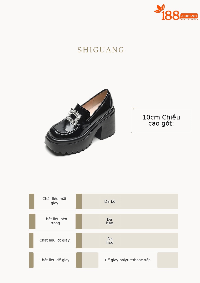Giày lười cao gót nữ mũi nhọn đính đá vuông, đế dày xỏ chân — Màu đen chi tiết 2