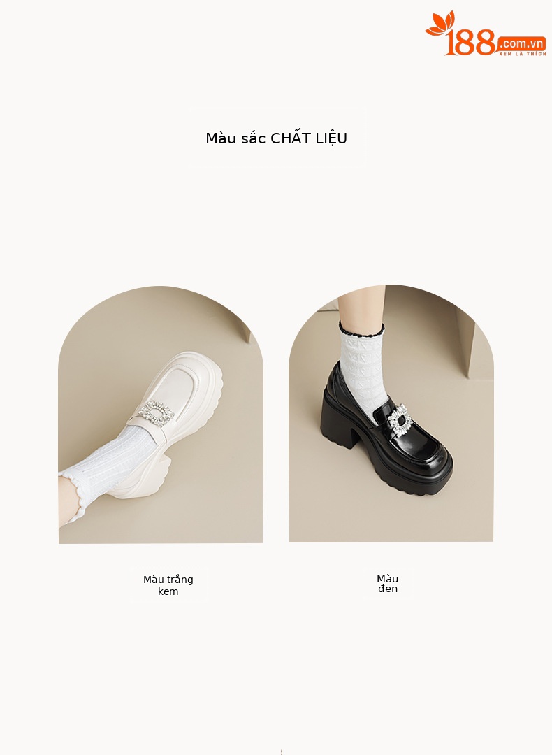Giày lười cao gót nữ mũi nhọn đính đá vuông, đế dày xỏ chân — Màu đen chi tiết 4