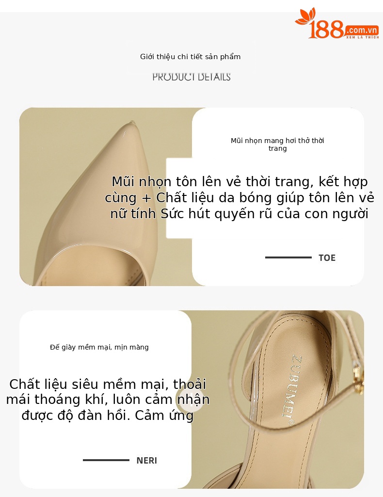 Giày cao gót nữ mũi nhọn da bóng, gót 10 cm, kiểu dáng mùa hè — Da bóng màu nude 10cm chi tiết 2