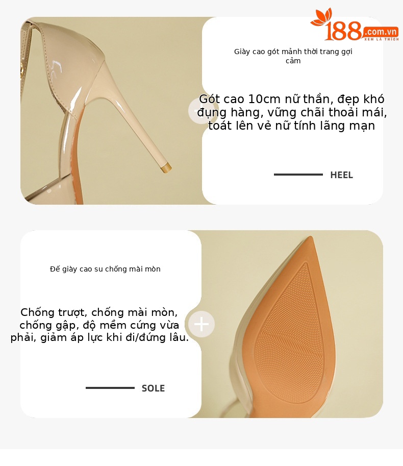 Giày cao gót nữ mũi nhọn da bóng, gót 10 cm, kiểu dáng mùa hè — Da bóng màu nude 10cm chi tiết 3