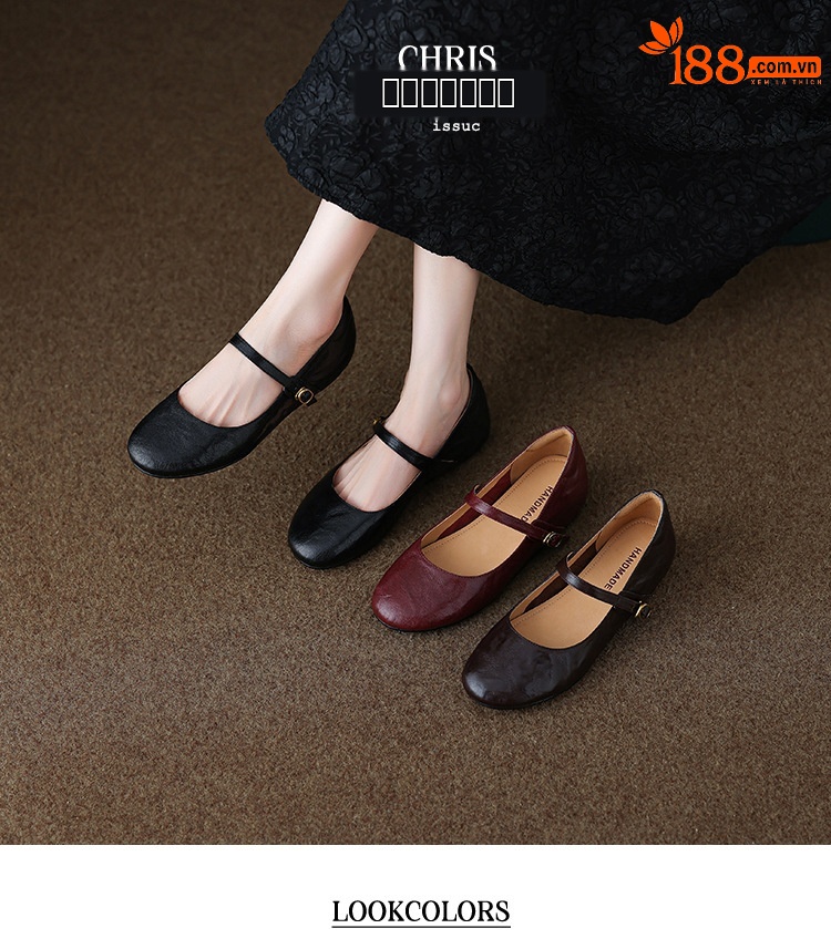 Giày Mary Jane nữ da cừu mũi tròn miệng nông phong cách đại học cổ điển đế bằng — Màu nâu chi tiết 2