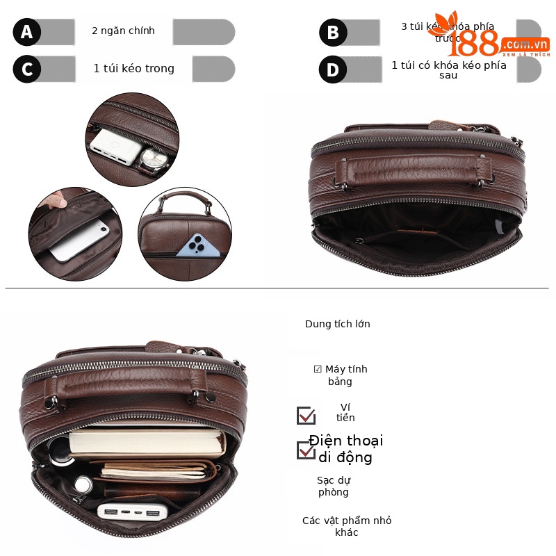 Túi đeo chéo nam da bò thật cổ điển Lion Leiden dung tích lớn — Màu cà phê, Màu đen