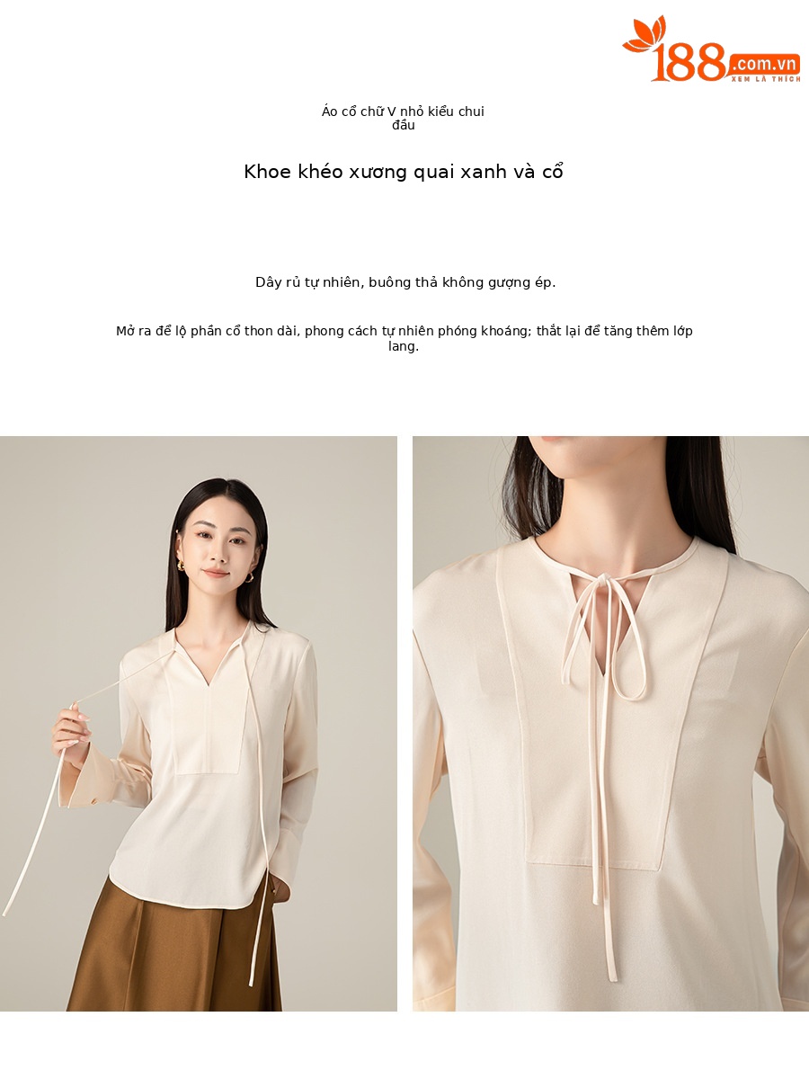 Áo sơ mi cổ V phối nơ Xingge kiểu Pháp, chất liệu satin acetate mềm mại, dáng suôn tôn dáng — Gạo Sâm banh