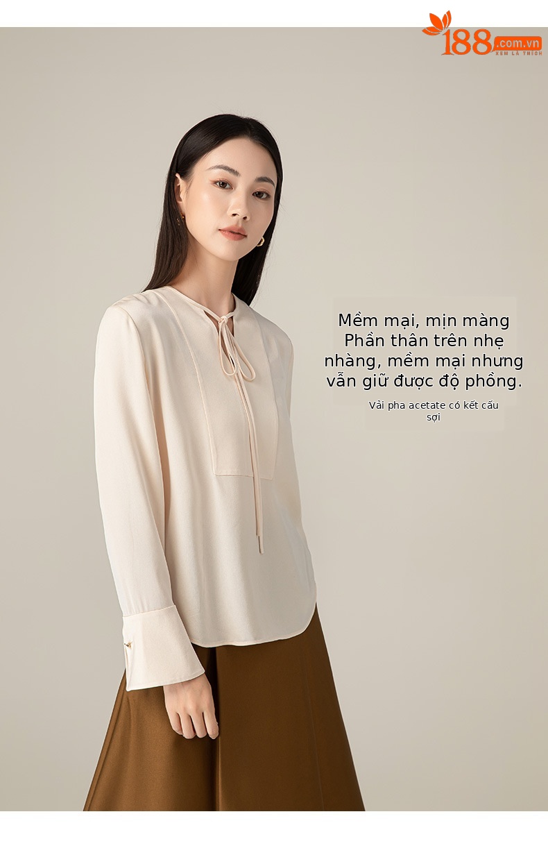 Áo sơ mi cổ V phối nơ Xingge kiểu Pháp, chất liệu satin acetate mềm mại, dáng suôn tôn dáng — Gạo Sâm banh chi tiết 10