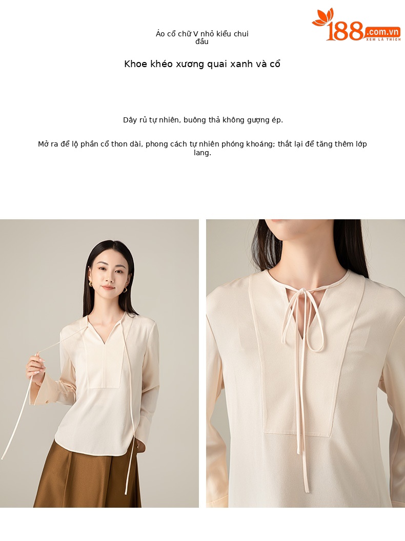 Áo sơ mi cổ V phối nơ Xingge kiểu Pháp, chất liệu satin acetate mềm mại, dáng suôn tôn dáng — Gạo Sâm banh chi tiết 11