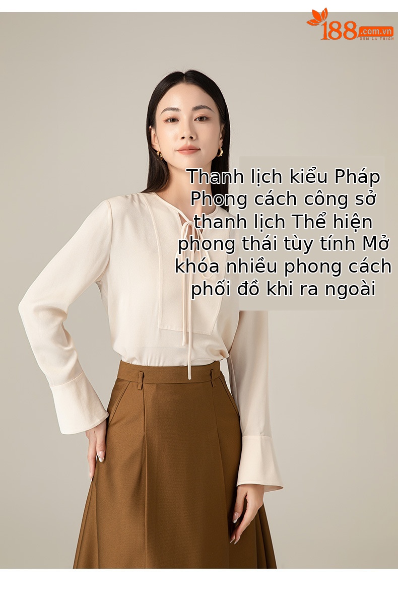 Áo sơ mi cổ V phối nơ Xingge kiểu Pháp, chất liệu satin acetate mềm mại, dáng suôn tôn dáng — Gạo Sâm banh chi tiết 14