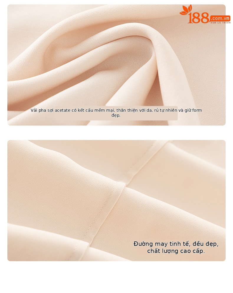 Áo sơ mi cổ V phối nơ Xingge kiểu Pháp, chất liệu satin acetate mềm mại, dáng suôn tôn dáng — Gạo Sâm banh chi tiết 17
