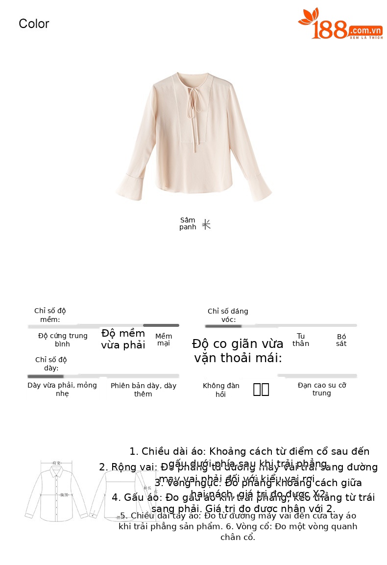 Áo sơ mi cổ V phối nơ Xingge kiểu Pháp, chất liệu satin acetate mềm mại, dáng suôn tôn dáng — Gạo Sâm banh chi tiết 6