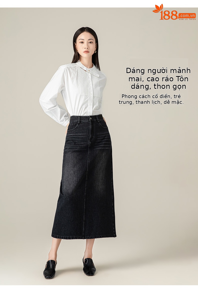 Chân váy jean nữ dáng chữ A màu đen dài ngang đùi — Màu đen chi tiết 11
