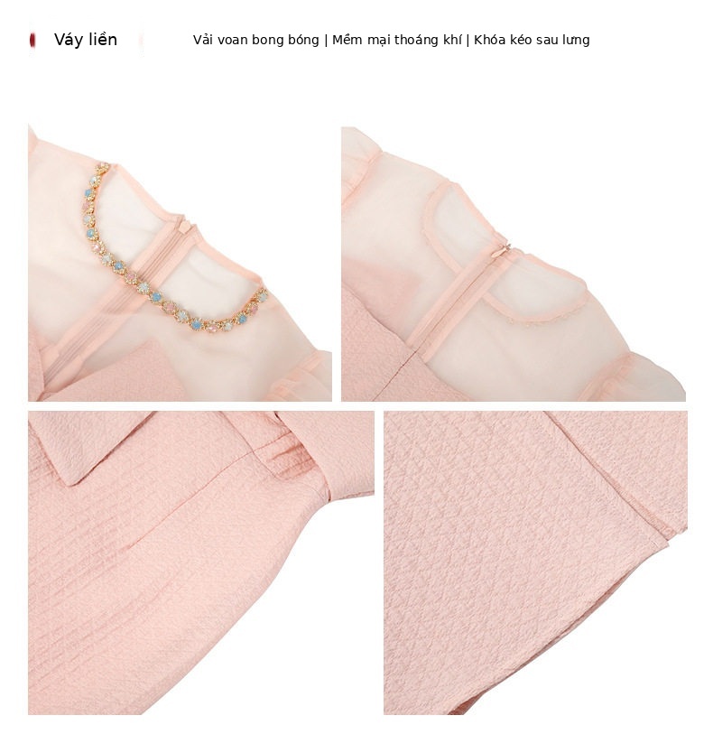 Đầm suông midi tay ngắn cổ tròn họa tiết nơ hồng fuchsia — [Hồng nhạt] chi tiết 1