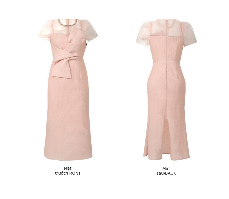 Đầm suông midi tay ngắn cổ tròn họa tiết nơ hồng fuchsia — [Hồng nhạt] chi tiết 2
