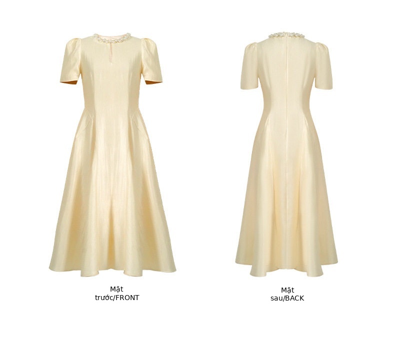 Đầm maxi nữ thắt eo cổ tròn tay ngắn phong cách Pháp — [Màu champagne] chi tiết 3