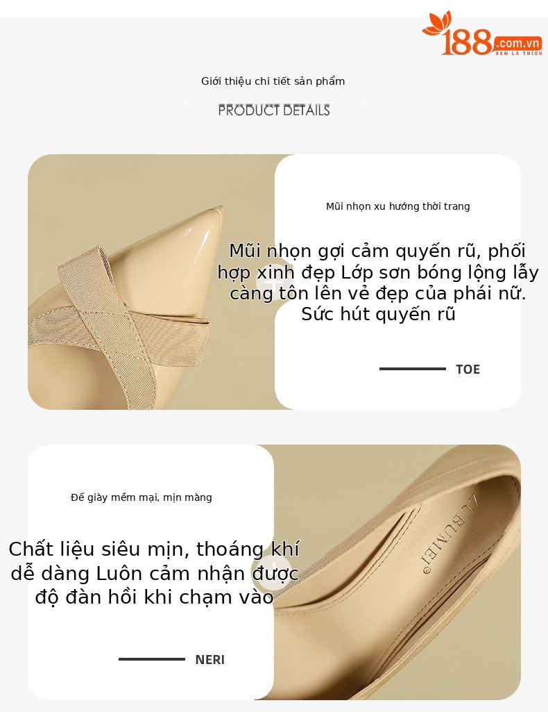 Giày cao gót nữ mũi nhọn miệng nông, nơ trang trí, da sáng chế chống thấm — Màu đen chi tiết 2