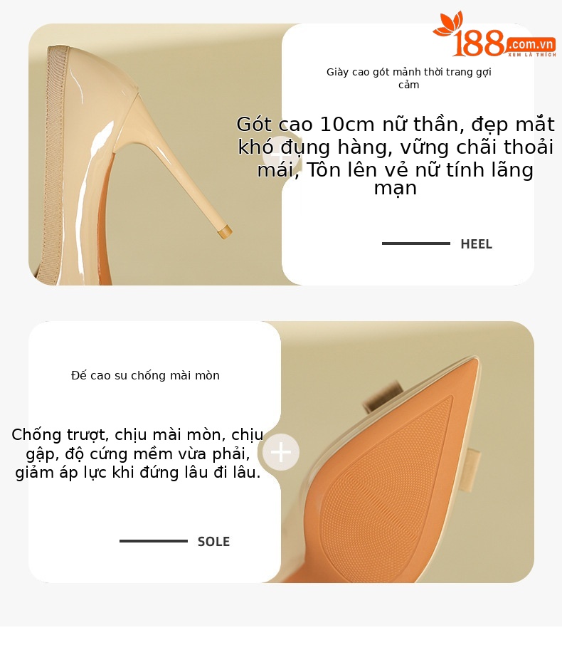 Giày cao gót nữ mũi nhọn miệng nông, nơ trang trí, da sáng chế chống thấm — Màu đen chi tiết 3