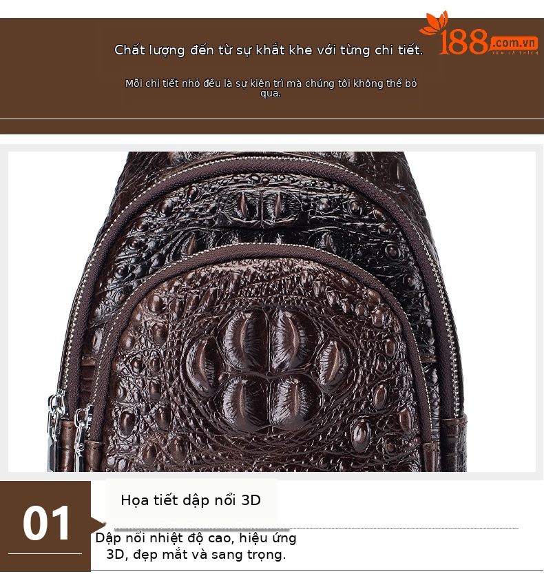 Túi đeo chéo nam da bò thật họa tiết cá sấu Lion Leiden, phong cách thời trang xuyên biên giới — Màu cà phê, Màu đen chi tiết 7