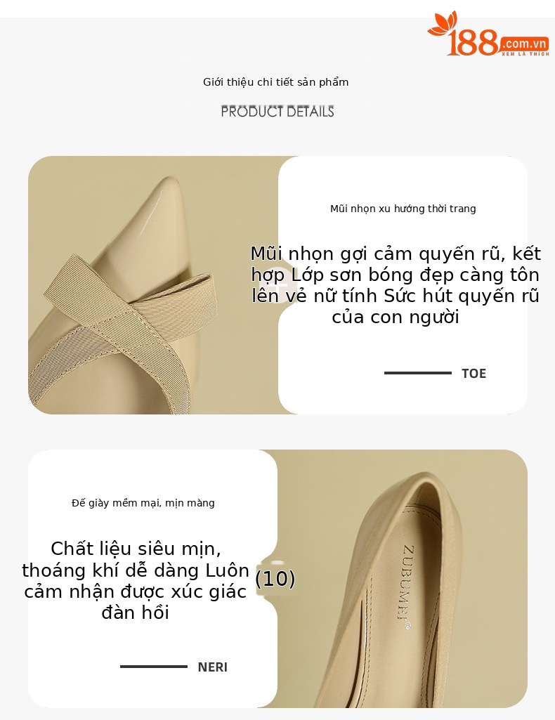Giày cao gót nữ mũi nhọn da bóng, gót 8 cm, phong cách công sở — Đen-8CM chi tiết 2