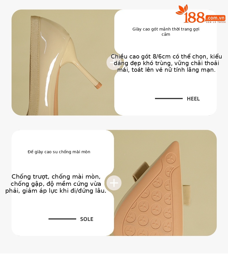 Giày cao gót nữ mũi nhọn da bóng, gót 8 cm, phong cách công sở — Đen-8CM chi tiết 3