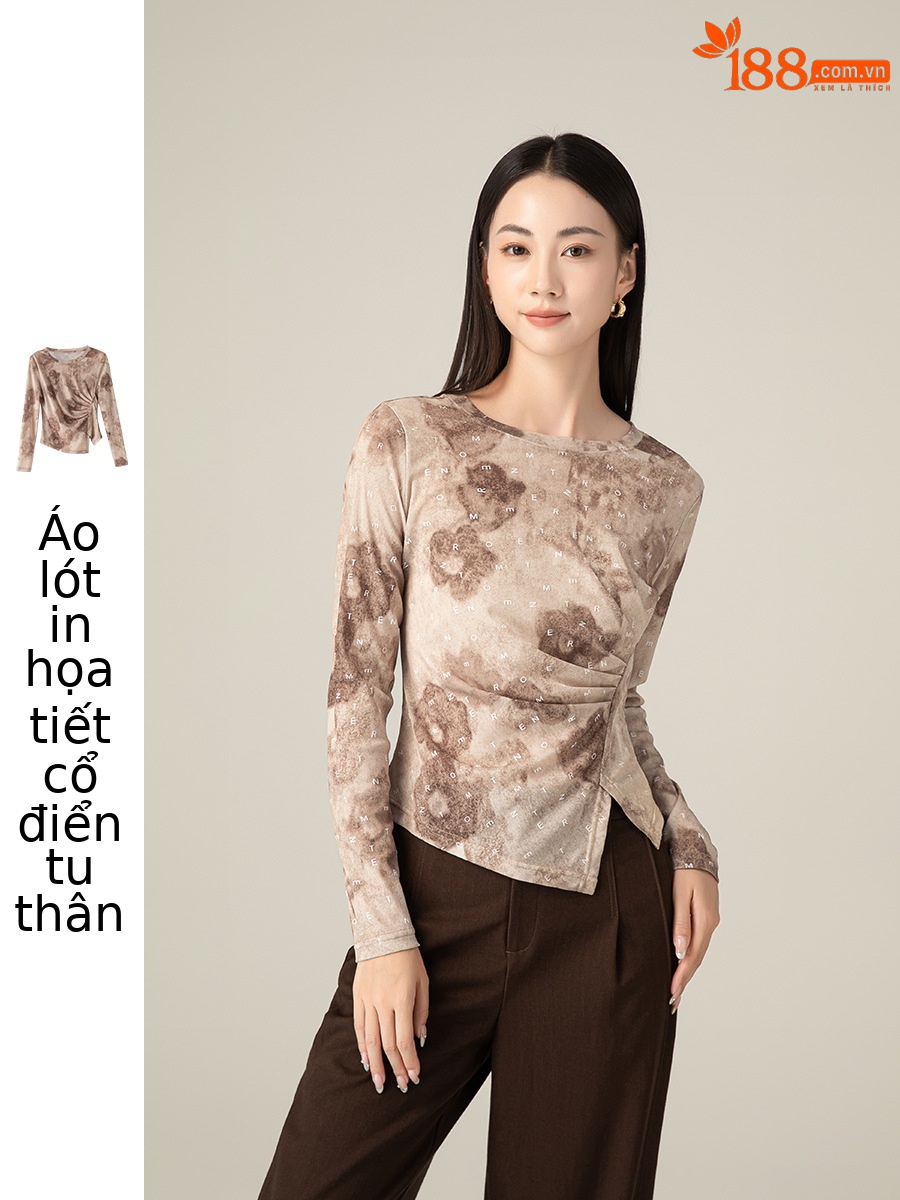 Áo thun dài tay nữ in họa tiết kỹ thuật số không đều, thiết kế xẻ tà ôm sát — Vỏ Trái Cây Nâu