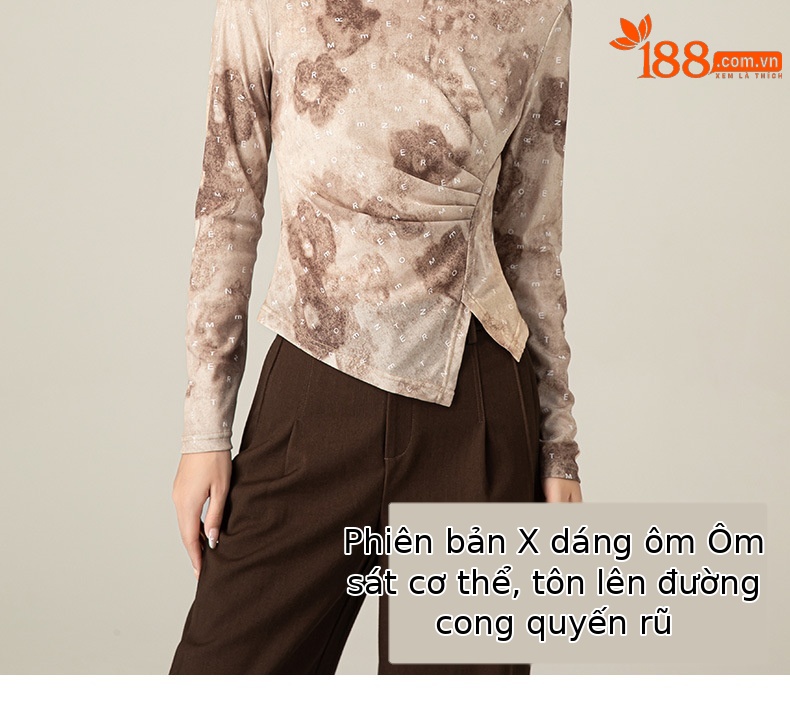 Áo thun dài tay nữ in họa tiết kỹ thuật số không đều, thiết kế xẻ tà ôm sát — Vỏ Trái Cây Nâu chi tiết 9