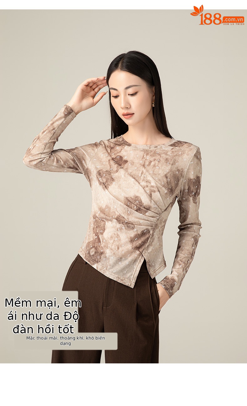 Áo thun dài tay nữ in họa tiết kỹ thuật số không đều, thiết kế xẻ tà ôm sát — Vỏ Trái Cây Nâu chi tiết 14