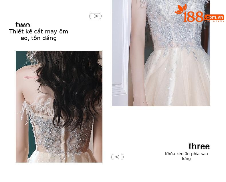 Đầm dạ hội nữ ôm body cổ yếm tay bồng thiết kế cổ tích — Mẫu dài màu sâm panh chi tiết 3