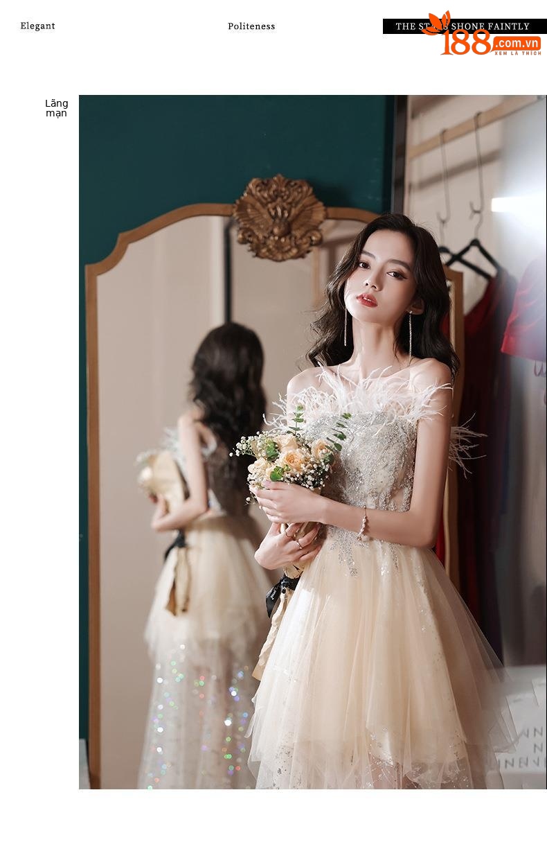 Đầm dạ hội nữ ôm body cổ yếm tay bồng thiết kế cổ tích — Mẫu dài màu sâm panh chi tiết 6
