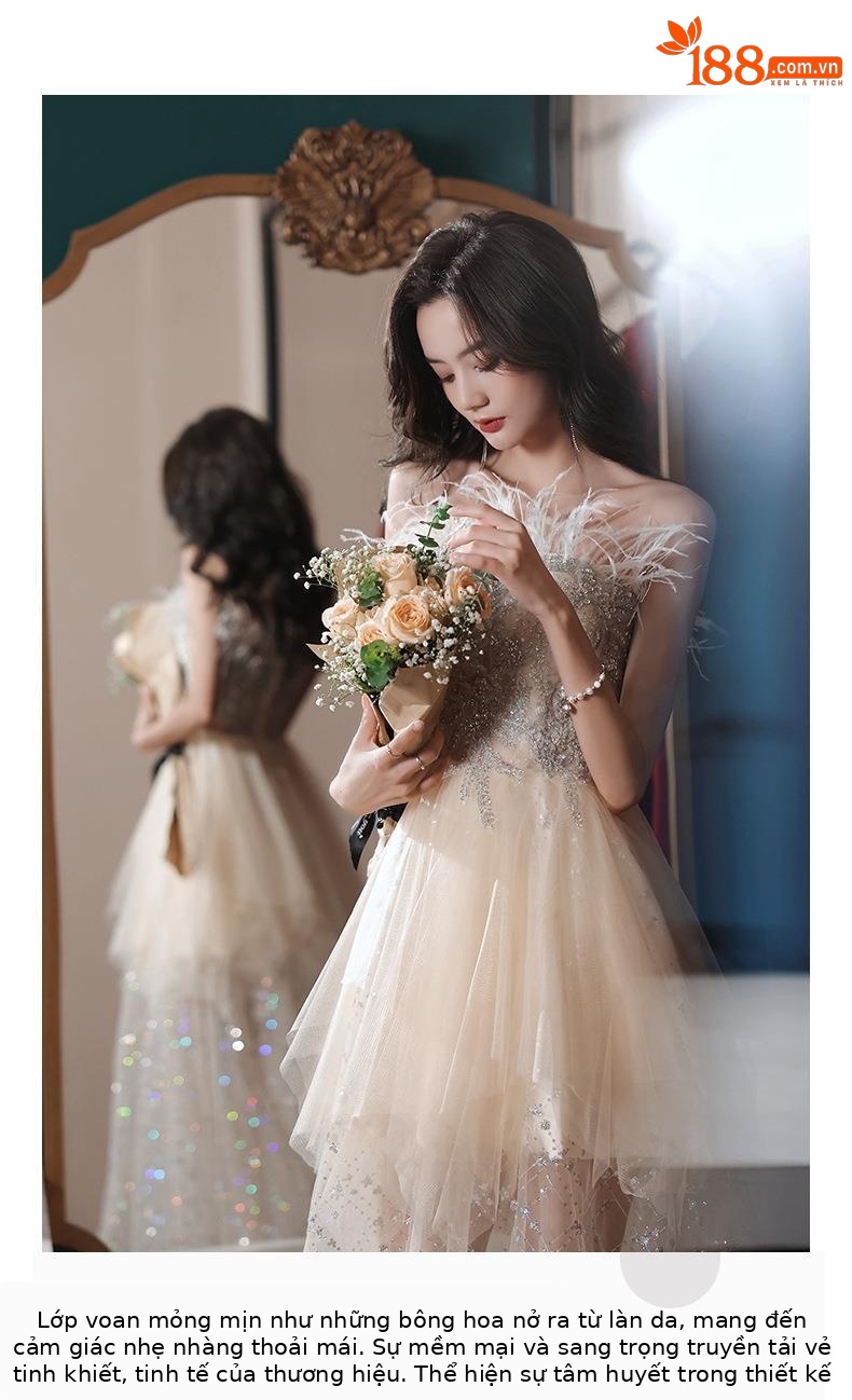 Đầm dạ hội nữ ôm body cổ yếm tay bồng thiết kế cổ tích — Mẫu dài màu sâm panh chi tiết 7