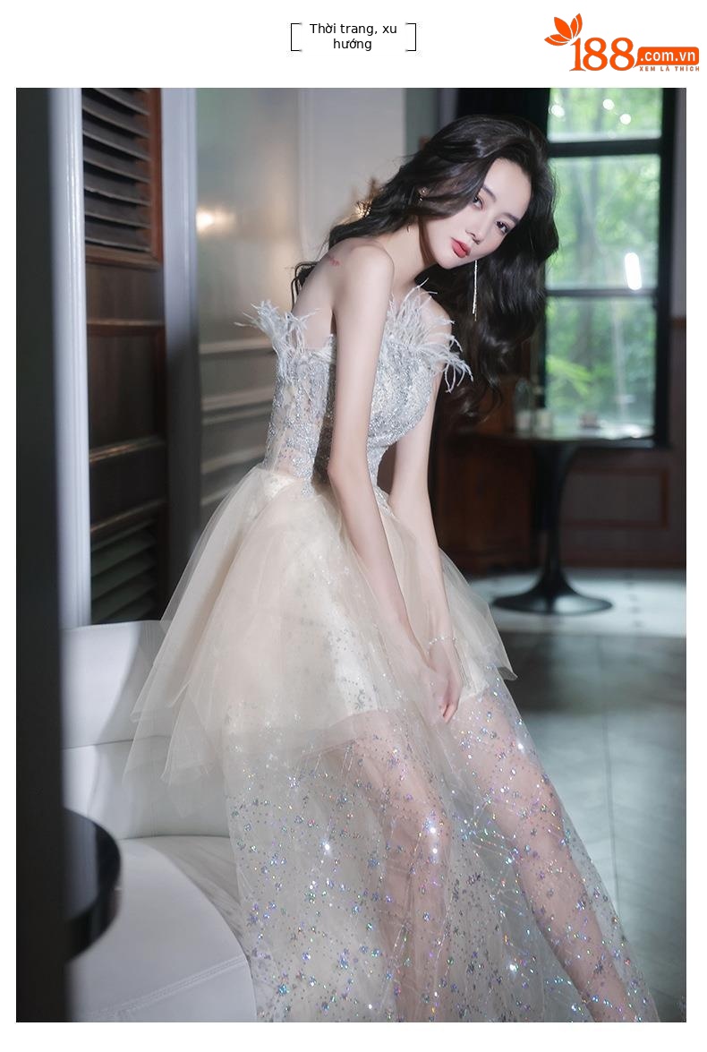 Đầm dạ hội nữ ôm body cổ yếm tay bồng thiết kế cổ tích — Mẫu dài màu sâm panh chi tiết 10