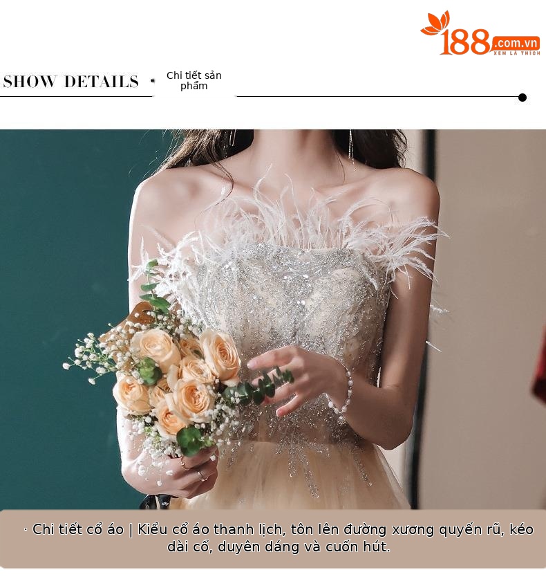 Đầm dạ hội nữ ôm body cổ yếm tay bồng thiết kế cổ tích — Mẫu dài màu sâm panh chi tiết 13