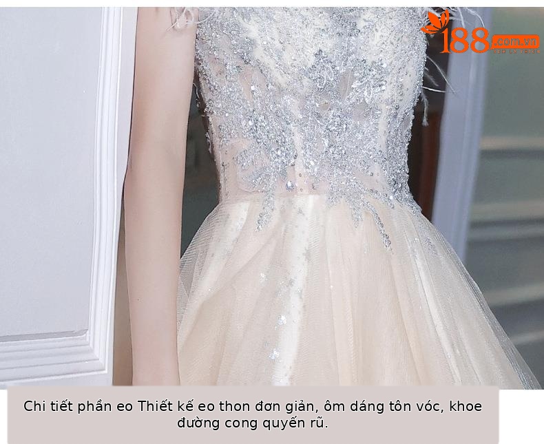 Đầm dạ hội nữ ôm body cổ yếm tay bồng thiết kế cổ tích — Mẫu dài màu sâm panh chi tiết 14