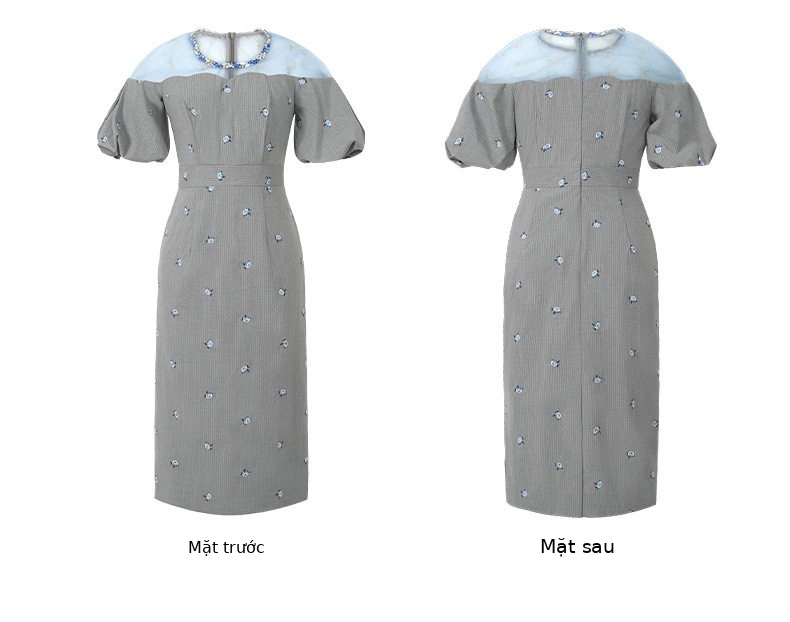 Đầm dài mùa hè cổ tròn thêu hoa ôm body tay bồng — [Xám xanh], [Đen] chi tiết 5