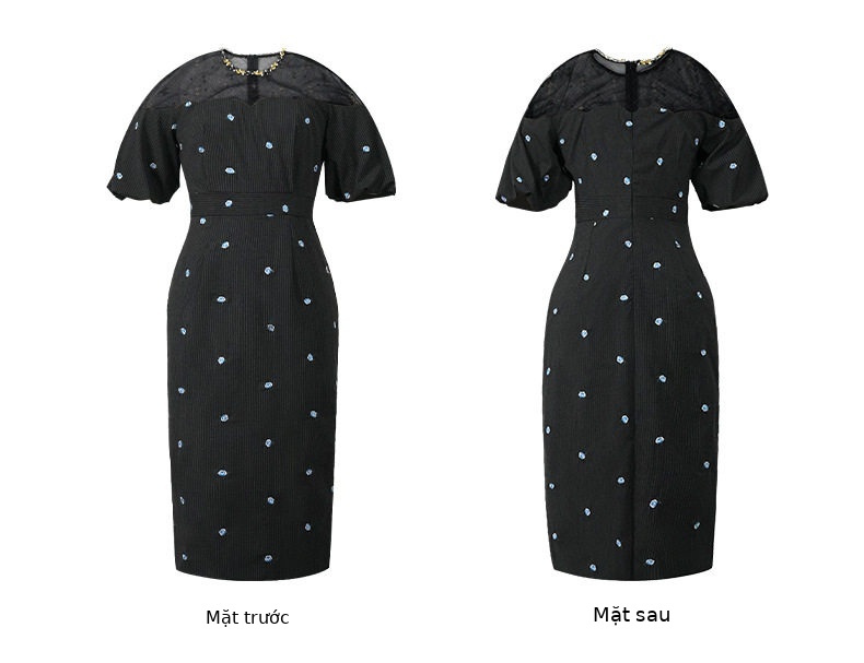 Đầm dài mùa hè cổ tròn thêu hoa ôm body tay bồng — [Xám xanh], [Đen] chi tiết 6