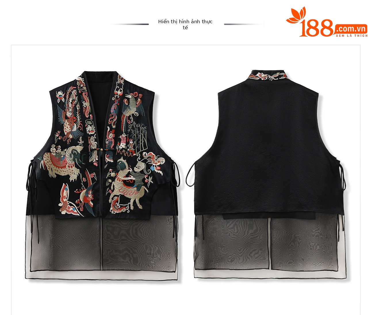 Áo vest gile nữ phong cách Trung Hoa lụa tơ tằm thêu đính kết lưới — Màu đen chi tiết 17
