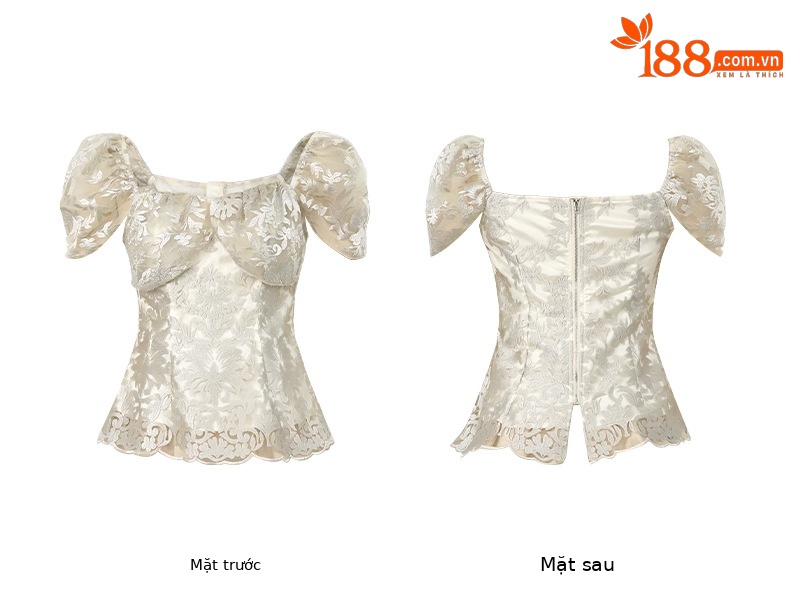 Bộ áo ren cổ vuông Pháp kết hợp quần short cạp cao nữ — Màu mơ chi tiết 5