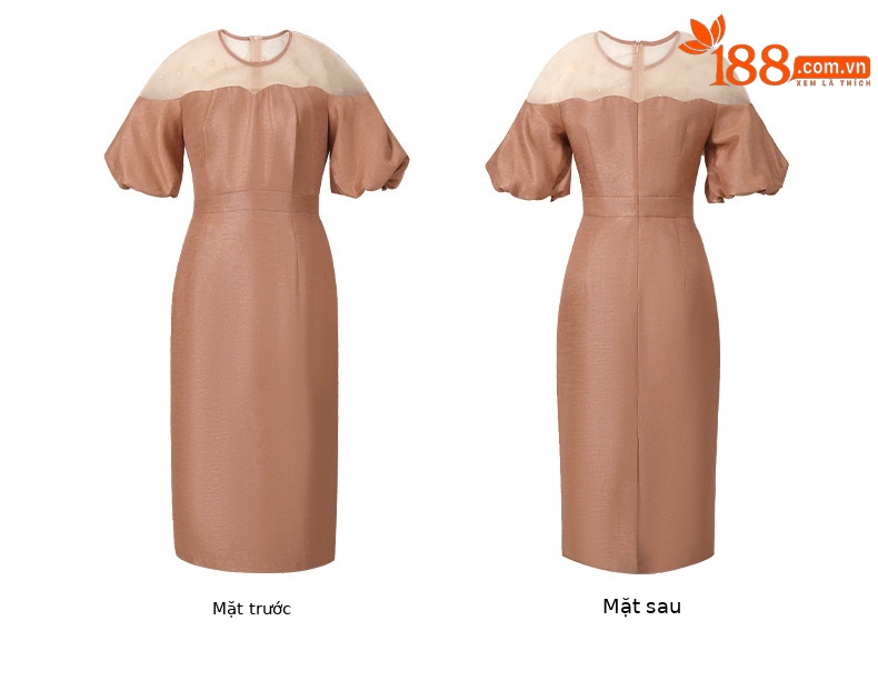 Đầm dạ hội đen phối lưới tay bồng dáng ôm — Màu đen chi tiết 5