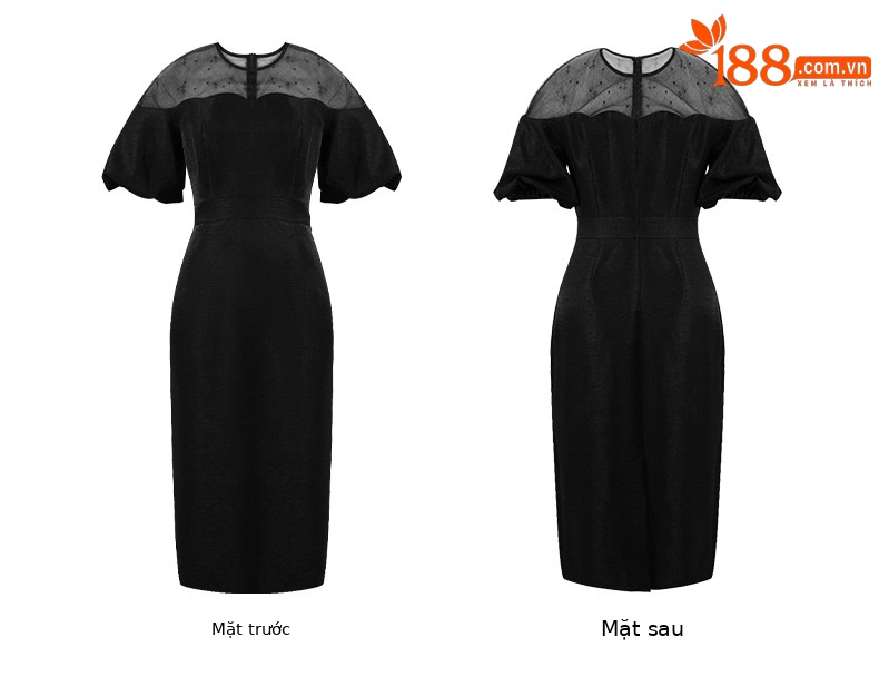Đầm dạ hội đen phối lưới tay bồng dáng ôm — Màu đen chi tiết 6